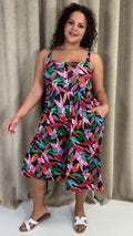 CurveWow Printed Tie Strappy Culotte Jumpsuit Black Multi Leaf