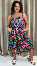 CurveWow Printed Tie Strappy Culotte Jumpsuit Black Multi Leaf