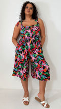 CurveWow Printed Tie Strappy Culotte Jumpsuit Black Multi Leaf
