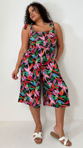 CurveWow Printed Tie Strappy Culotte Jumpsuit Black Multi Leaf