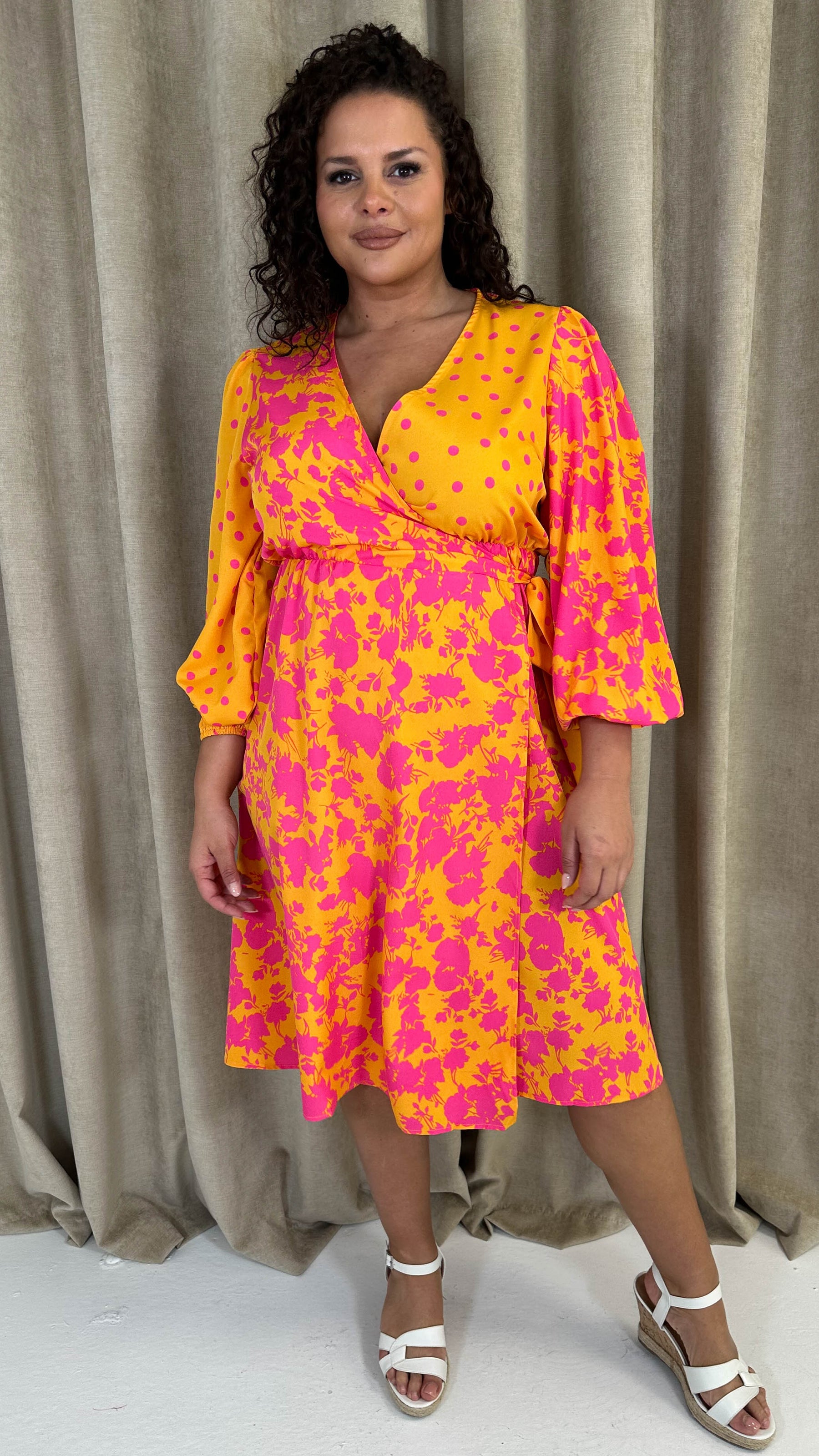 CurveWow Splice Wrap Midi Dress Pink/Orange Curvewow CurveWow Splice Wrap Midi Dress Pink/Orange Curvewow