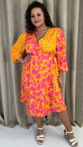 CurveWow Splice Wrap Midi Dress Pink/Orange