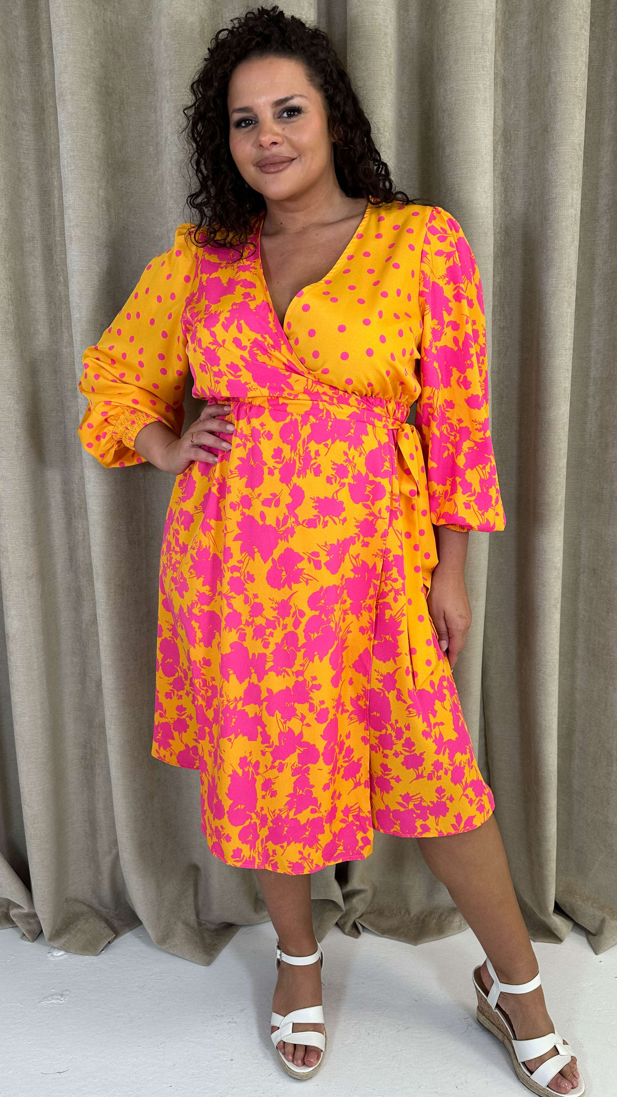 CurveWow Splice Wrap Midi Dress Pink/Orange Curvewow CurveWow Splice Wrap Midi Dress Pink/Orange Curvewow