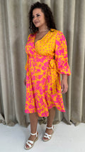 CurveWow Splice Wrap Midi Dress Pink/Orange