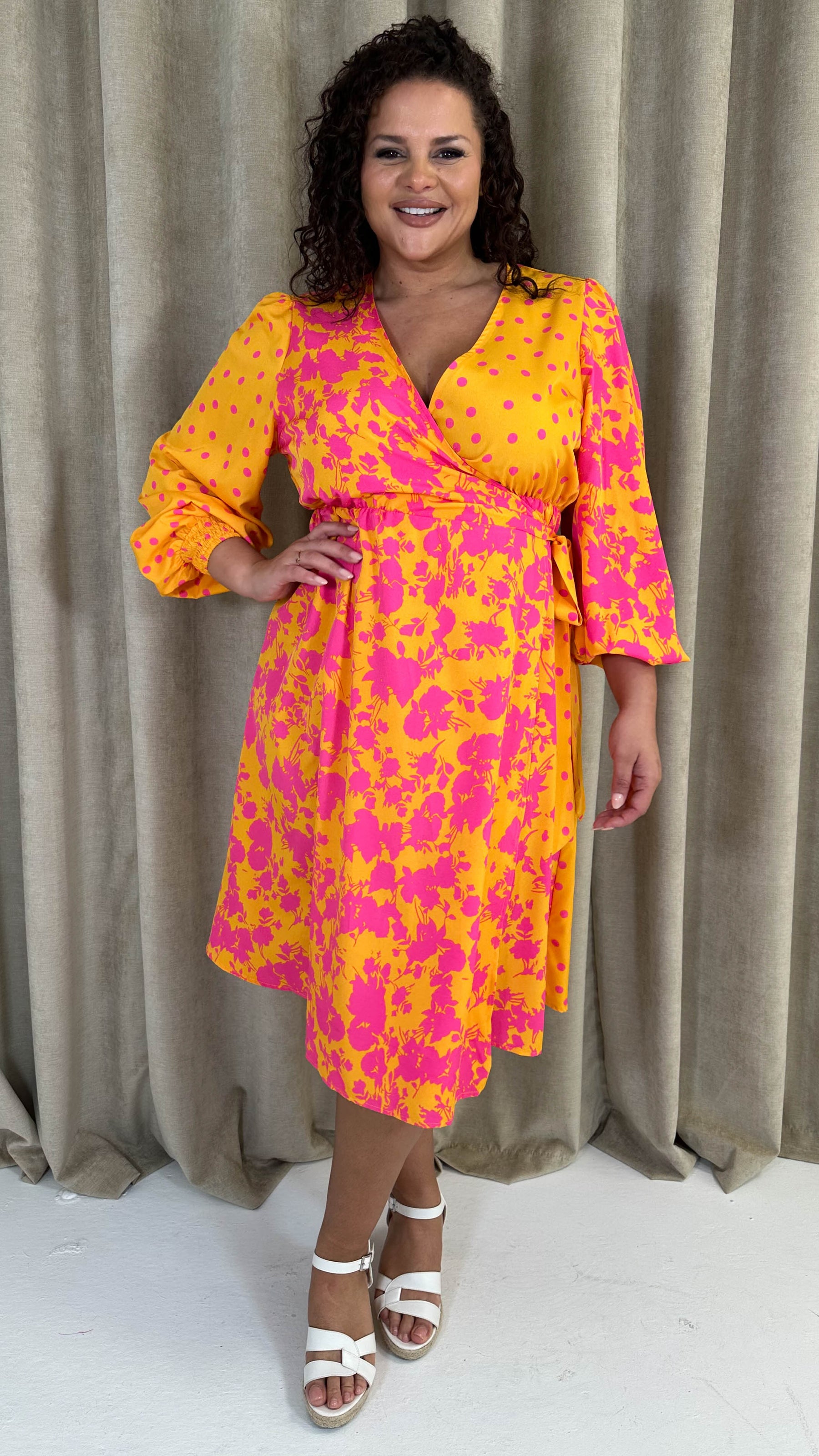 CurveWow Splice Wrap Midi Dress Pink/Orange – Curvewow CurveWow Splice Wrap Midi Dress Pink/Orange – Curvewow