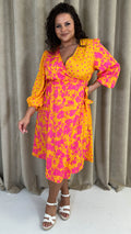 CurveWow Splice Wrap Midi Dress Pink/Orange