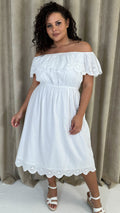 CurveWow Broderie Bardot Midi Dress White