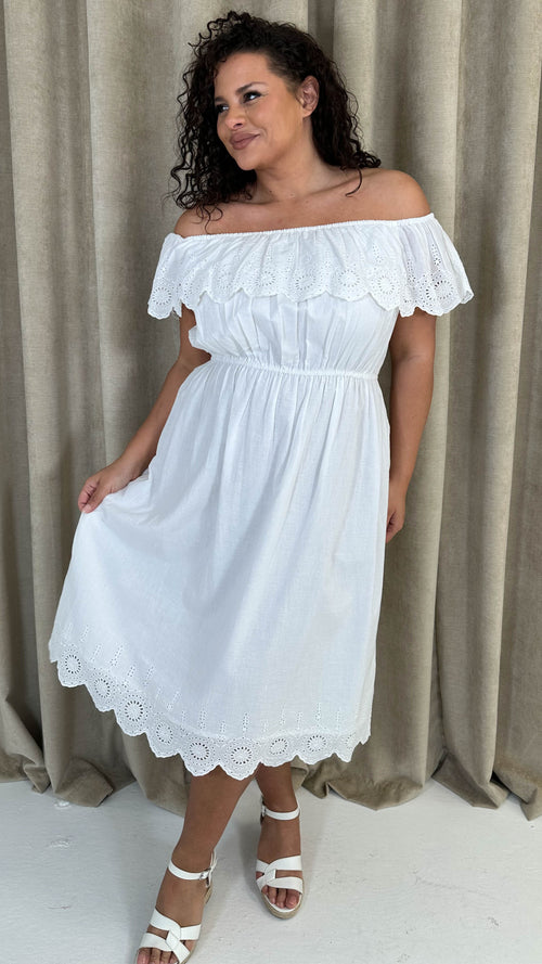 CurveWow Broderie Bardot Midi Dress White