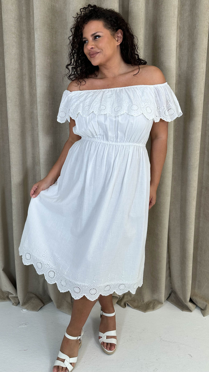 CurveWow Broderie Bardot Midi Dress White