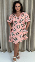 CurveWow Asymmetric Puff Sleeve Wrap Dress Peach Floral