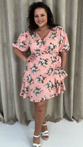 CurveWow Asymmetric Puff Sleeve Wrap Dress Peach Floral