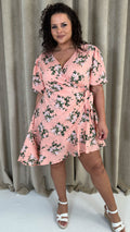 CurveWow Asymmetric Puff Sleeve Wrap Dress Peach Floral