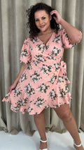 CurveWow Asymmetric Puff Sleeve Wrap Dress Peach Floral