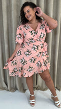 CurveWow Asymmetric Puff Sleeve Wrap Dress Peach Floral