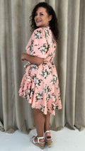 CurveWow Asymmetric Puff Sleeve Wrap Dress Peach Floral