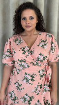 CurveWow Asymmetric Puff Sleeve Wrap Dress Peach Floral