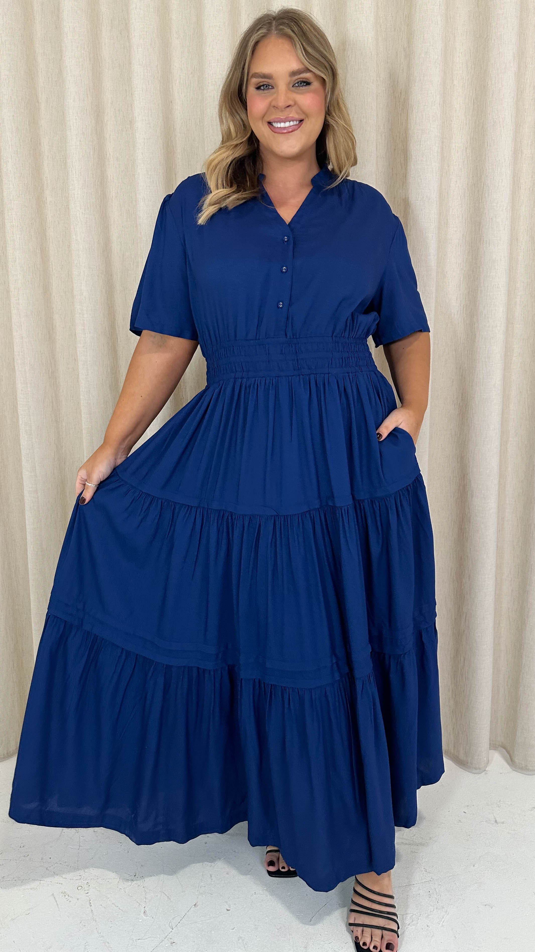 CurveWow Button Front Tiered Maxi Dress Navy Curvewow CurveWow Button Front Tiered Maxi Dress Navy Curvewow