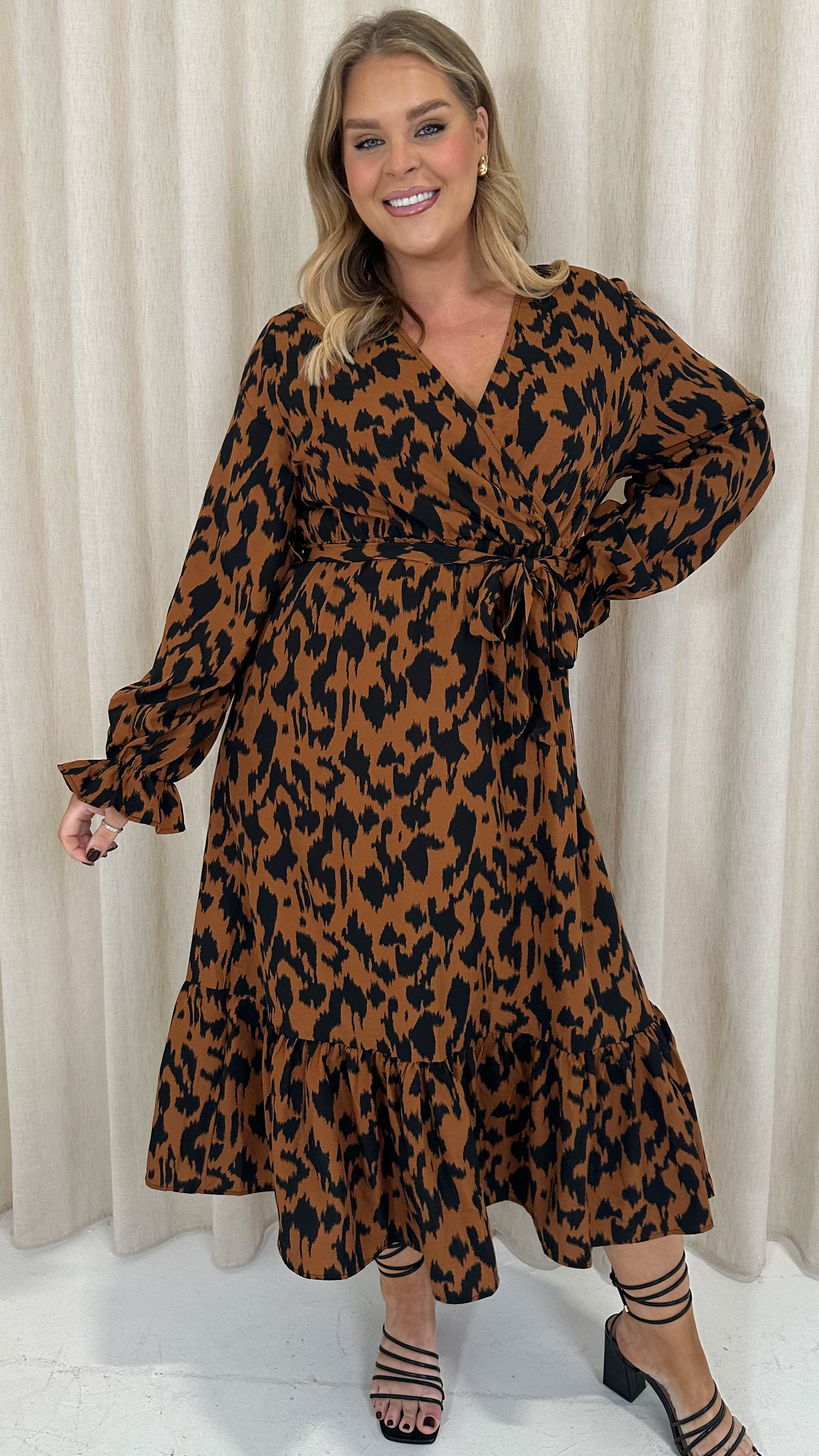 CurveWow Long Sleeve Wrap Midaxi Dress Brown Animal Curvewow CurveWow Long Sleeve Wrap Midaxi Dress Brown Animal Curvewow
