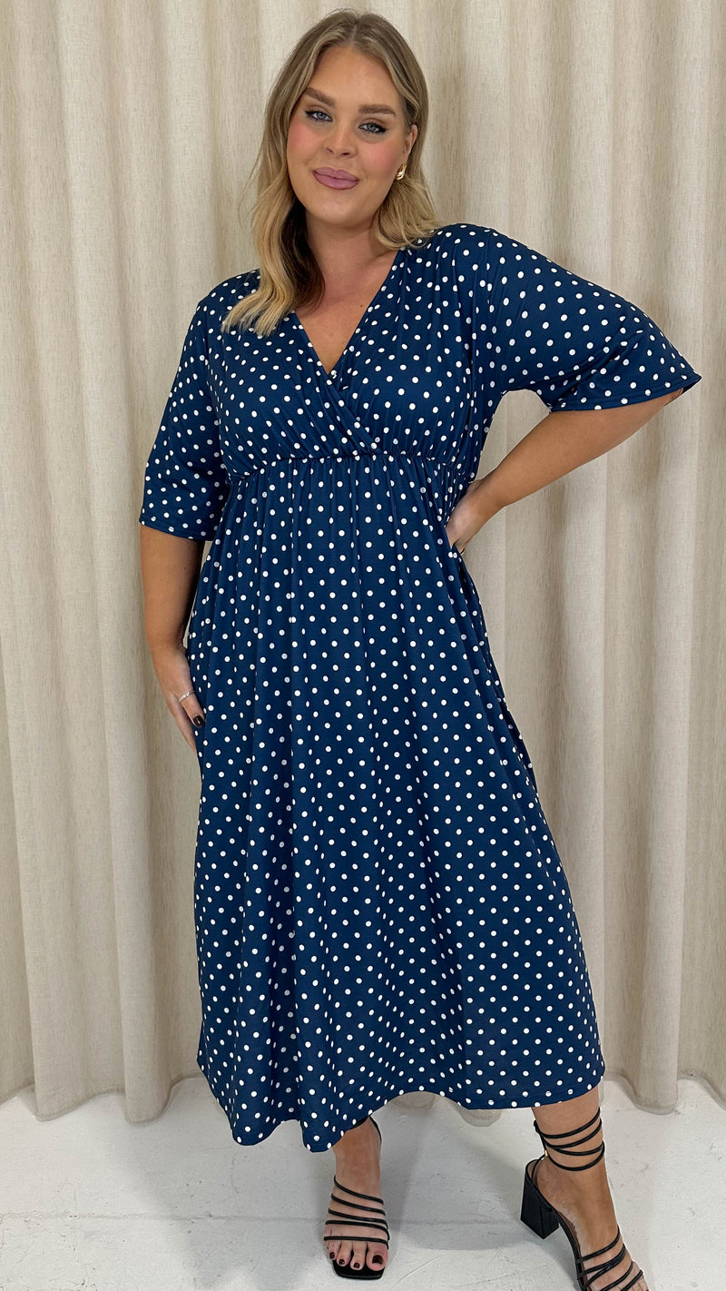 CurveWow Wrap Midi Dress Navy Spot Curvewow CurveWow Wrap Midi Dress Navy Spot Curvewow