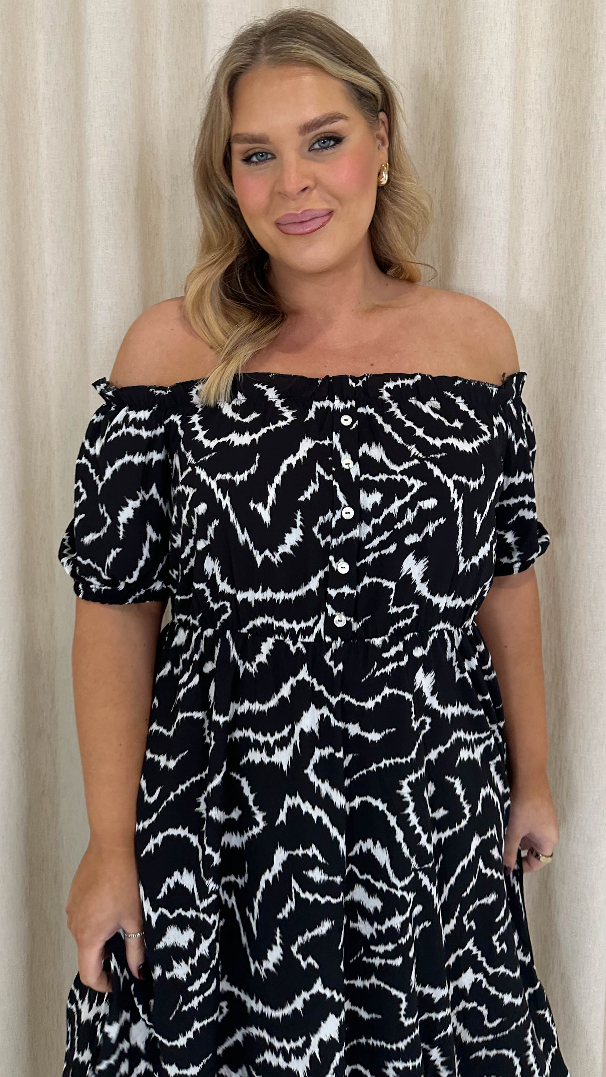 CurveWow Bardot Midi Dress Printed Mono Aztec