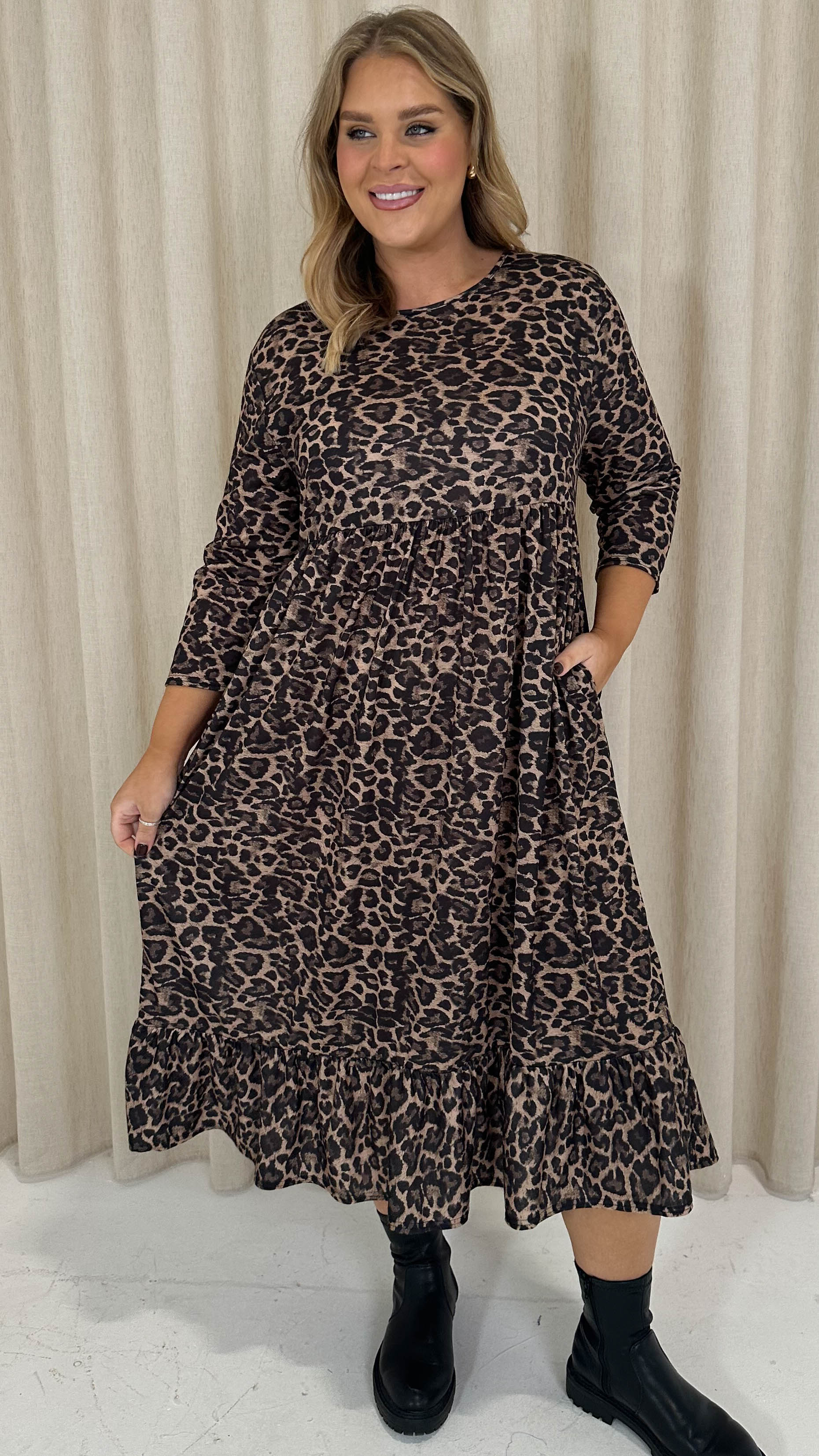 CurveWow Smock Dress With Pockets Leopard