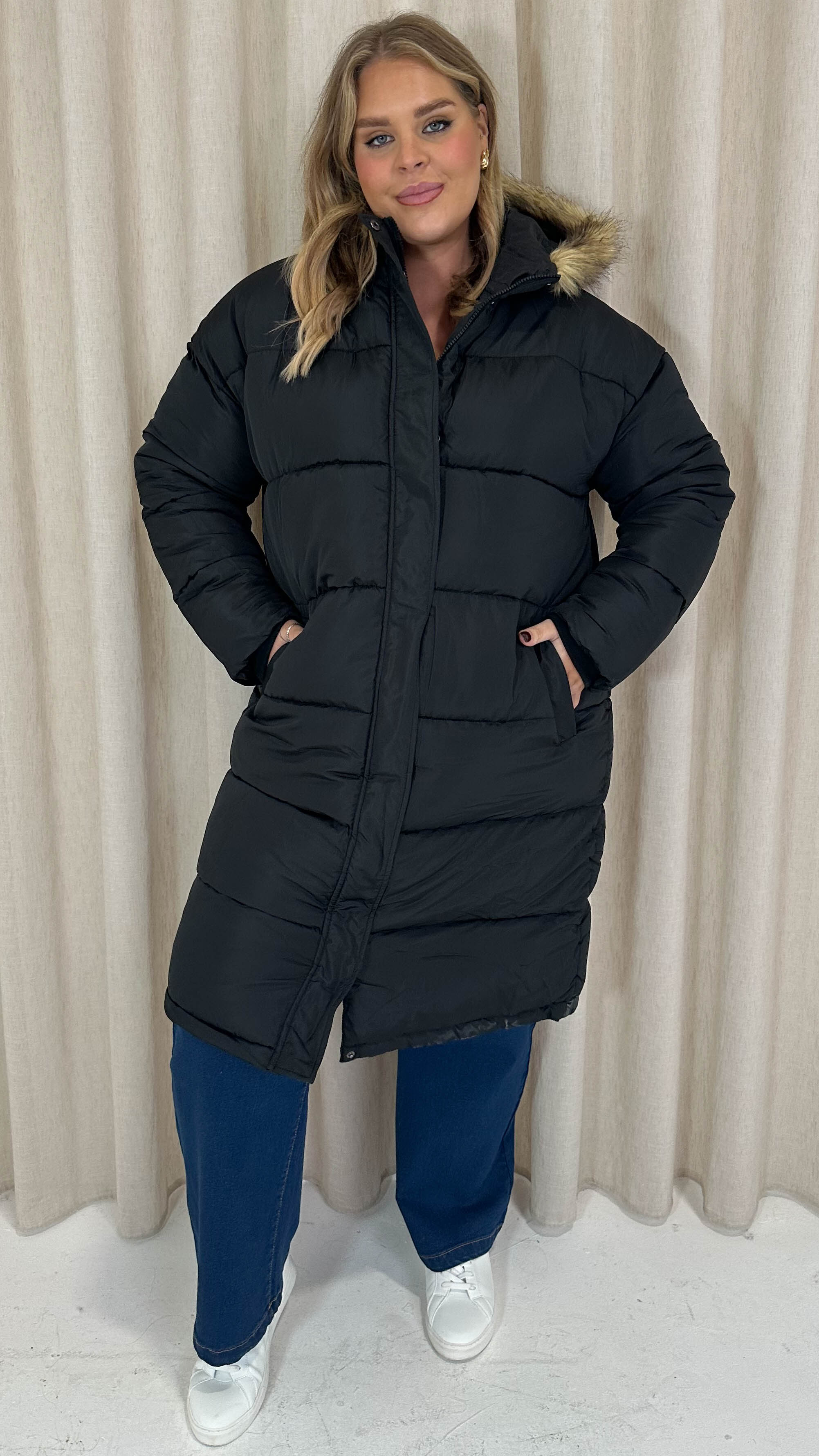 CurveWow Longline Faux Fur Hood Parka Coat Black