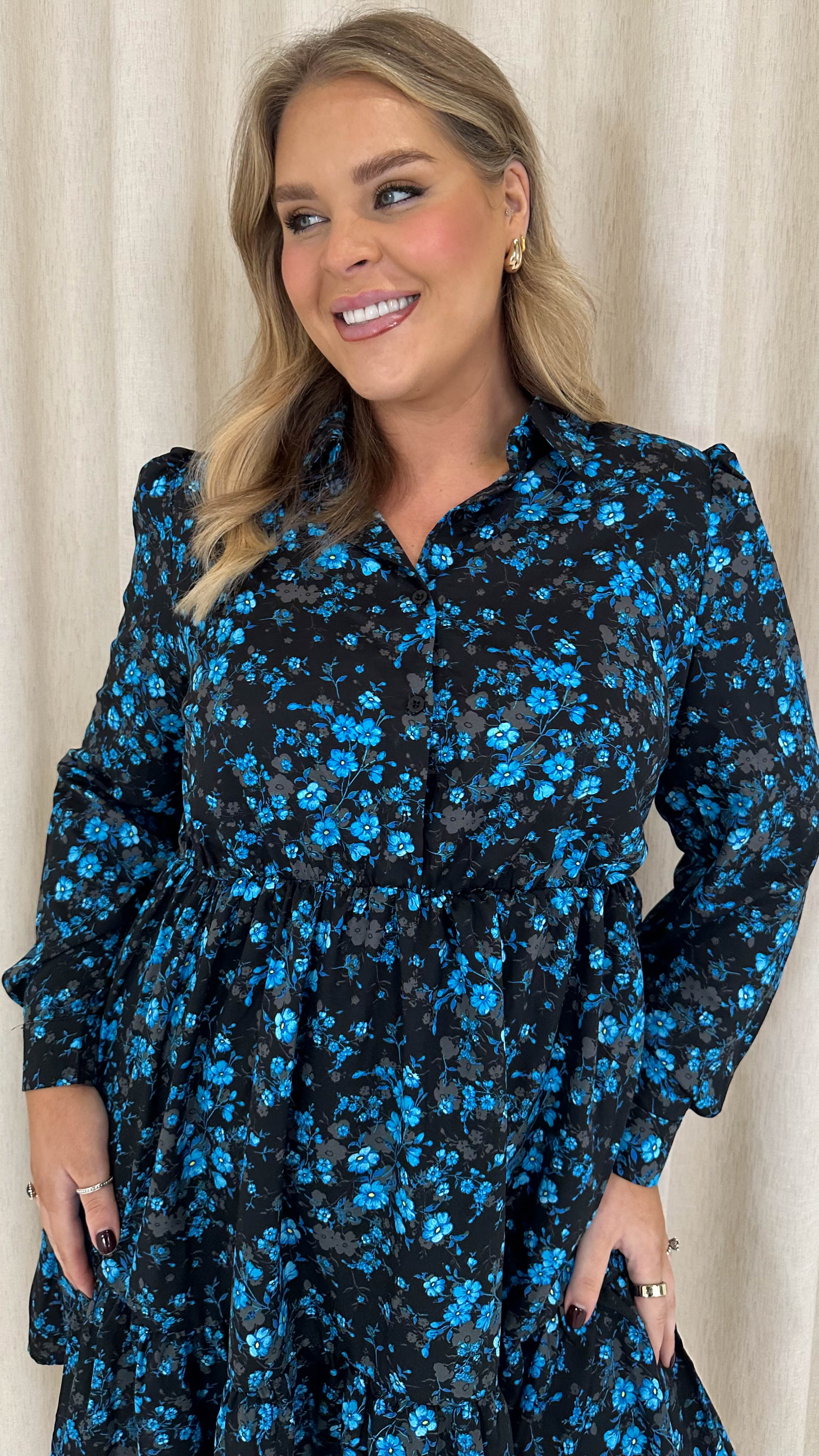 CurveWow Long Sleeve Button Front Frill Dress Black Blue Ditsy