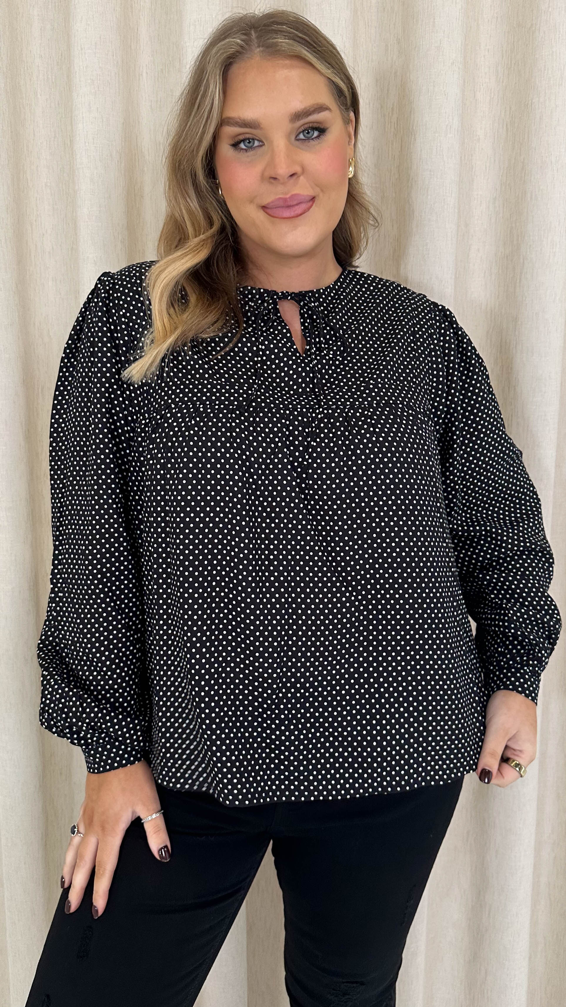 CurveWow Tie Neck Blouse Black Spot