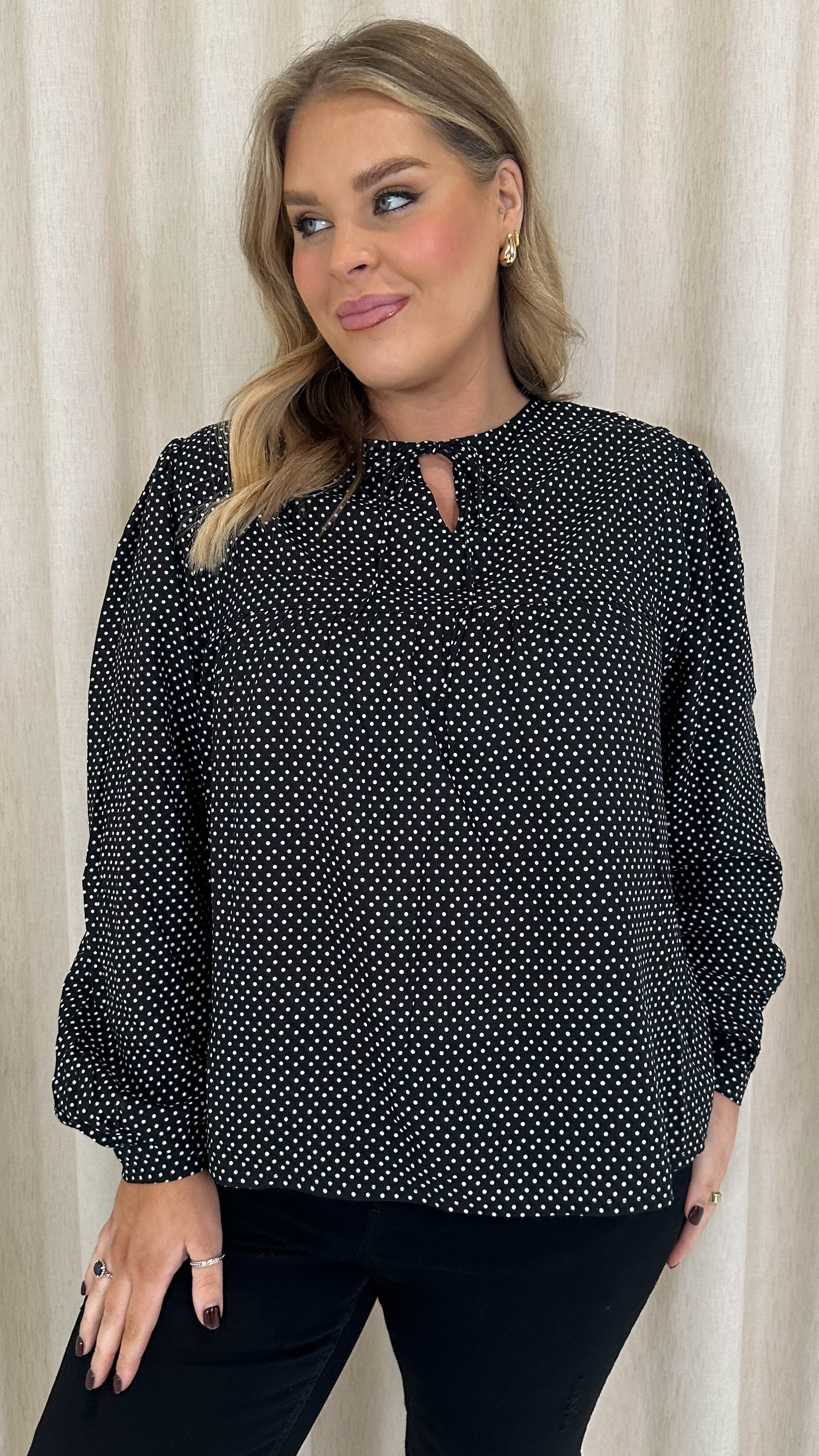 CurveWow Tie Neck Blouse Black Spot