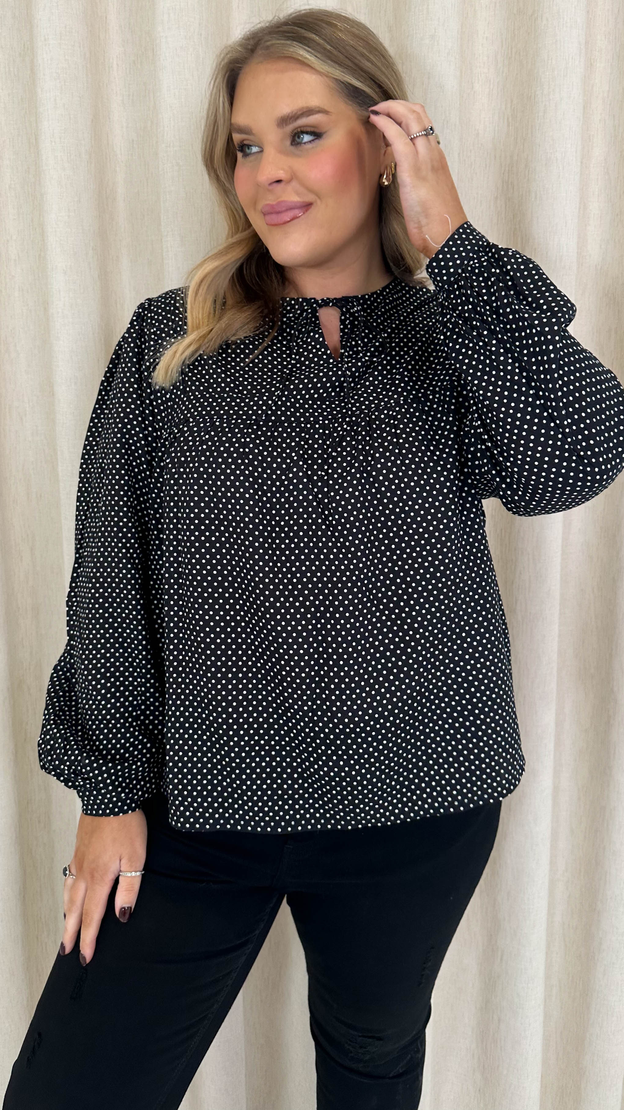 CurveWow Tie Neck Blouse Black Spot