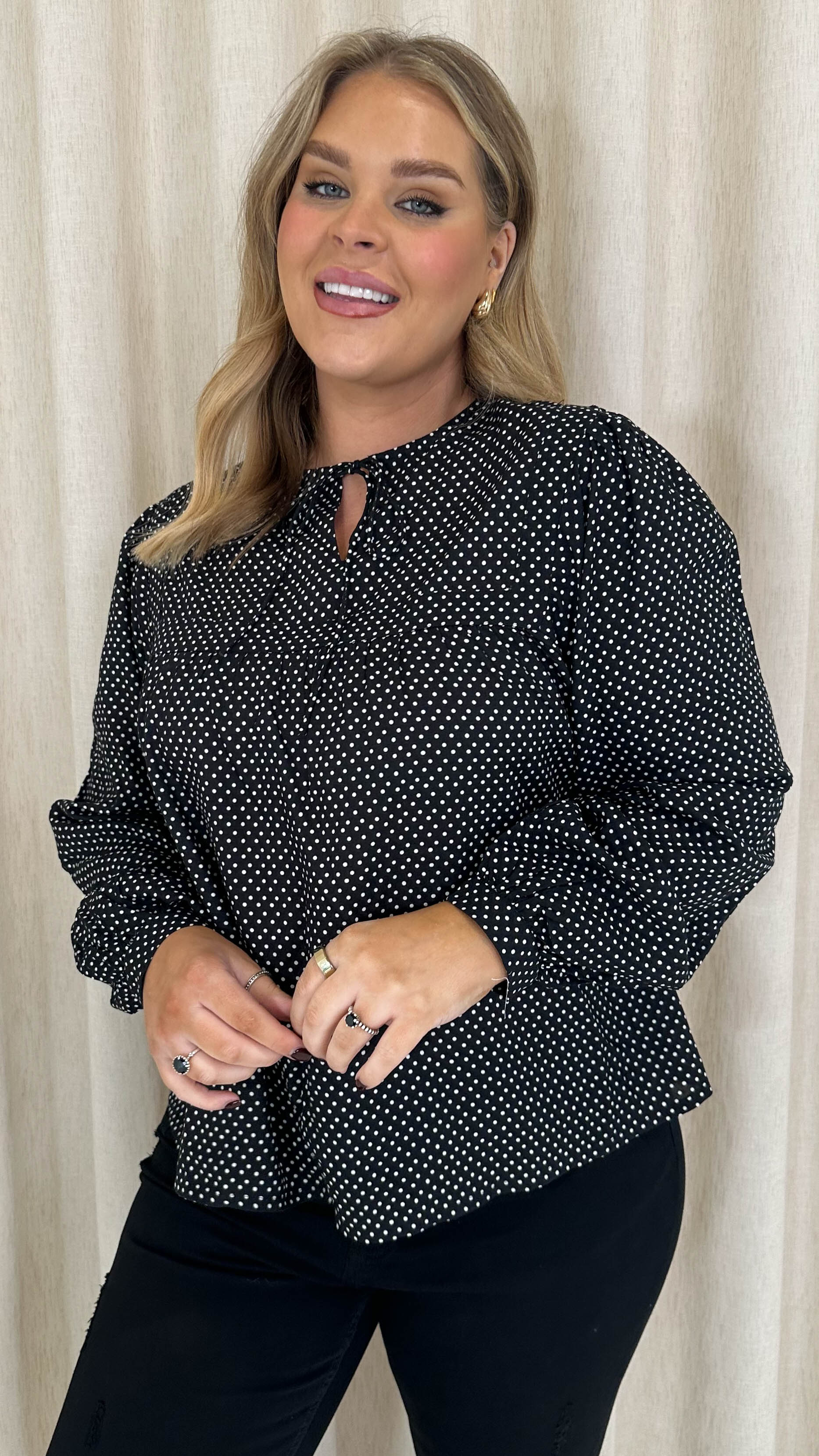 CurveWow Tie Neck Blouse Black Spot