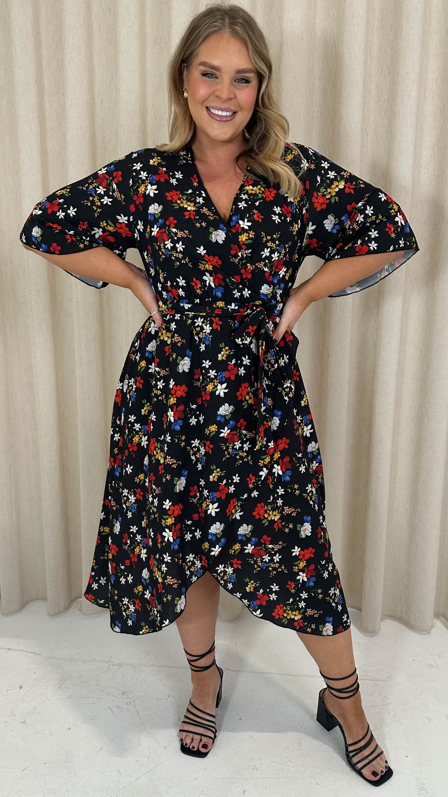 black floral wrap midi dress Black Floral Jacquard Wrap Midi Dress | Womens | X-Small (Available in S, M) | 100% Polyester