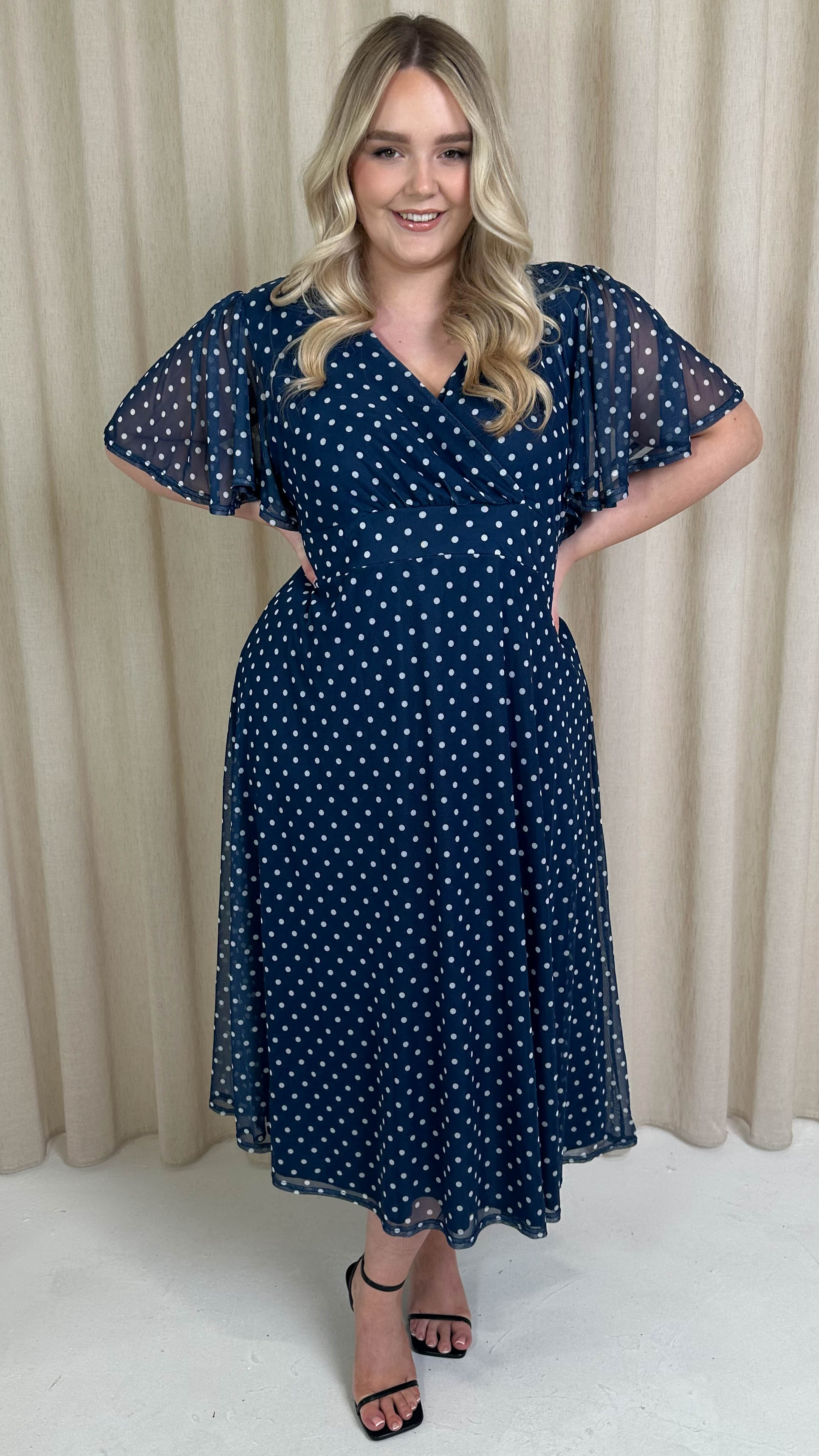 CurveWow Mesh Angel Sleeve Dress Navy Spot