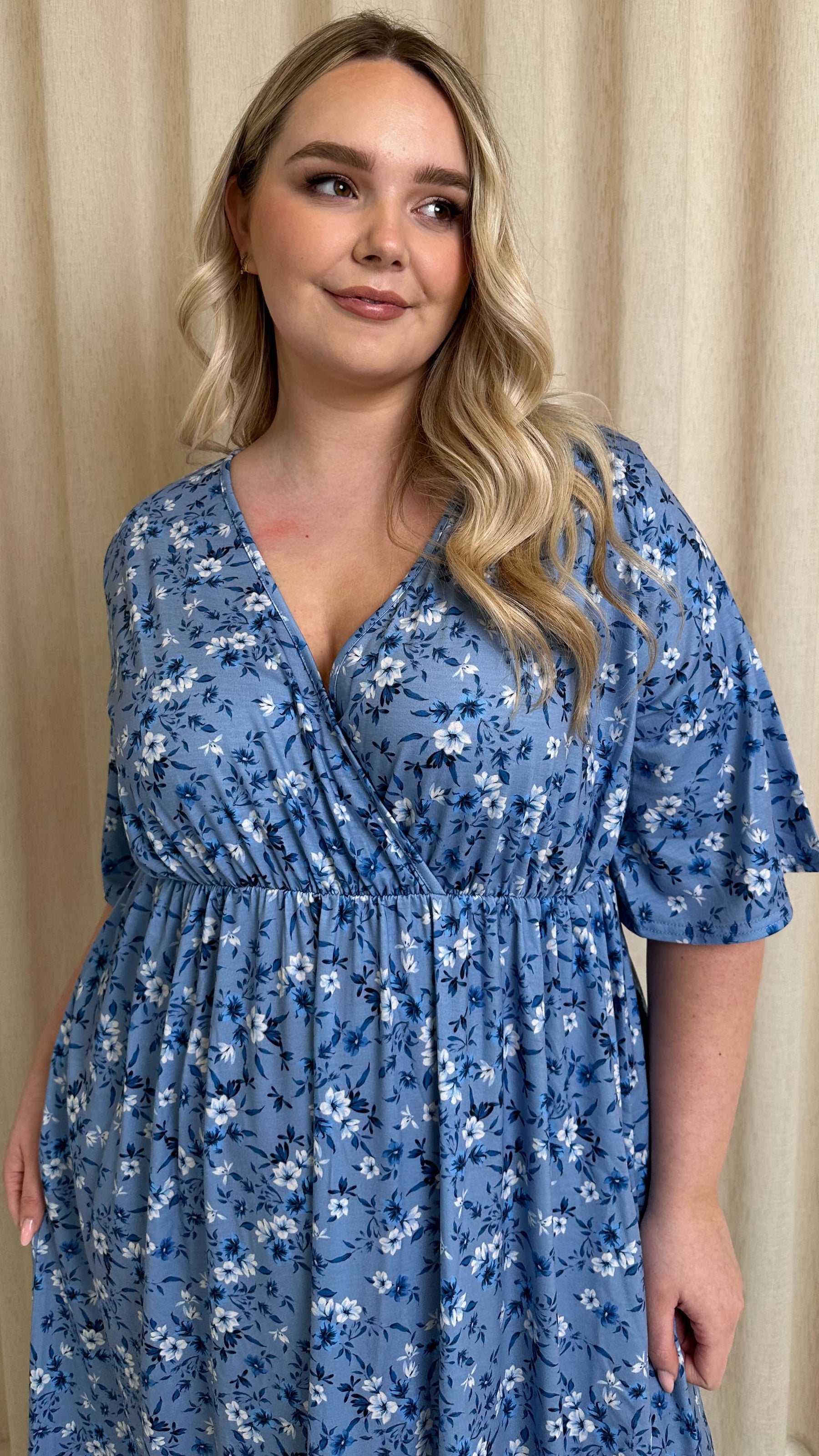 CurveWow Wrap Midi Dress Blue Ditsy Floral Curvewow CurveWow Wrap Midi Dress Blue Ditsy Floral Curvewow