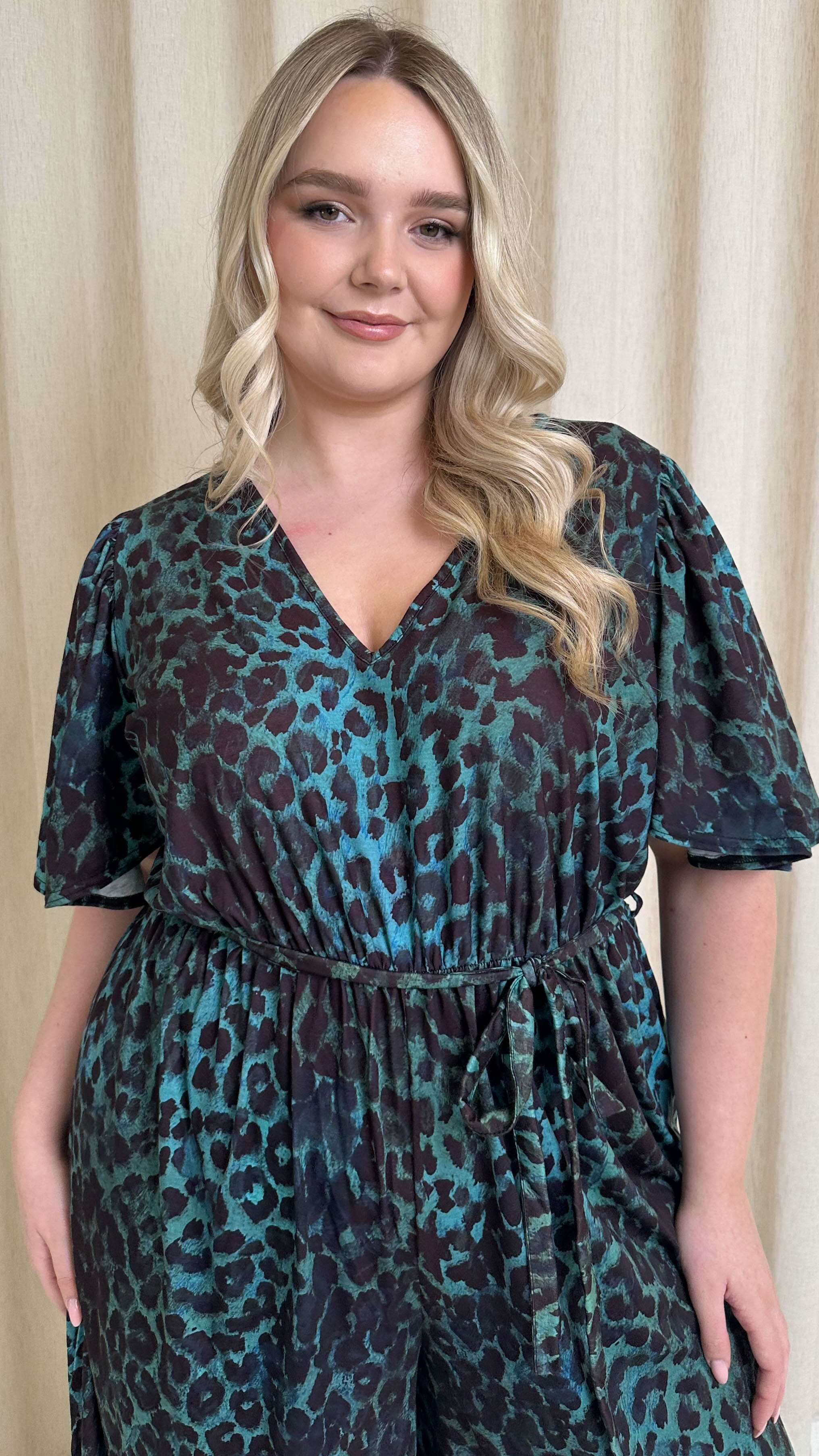 CurveWow V Neck Tie Waist Culotte Jumpsuit Green Animal