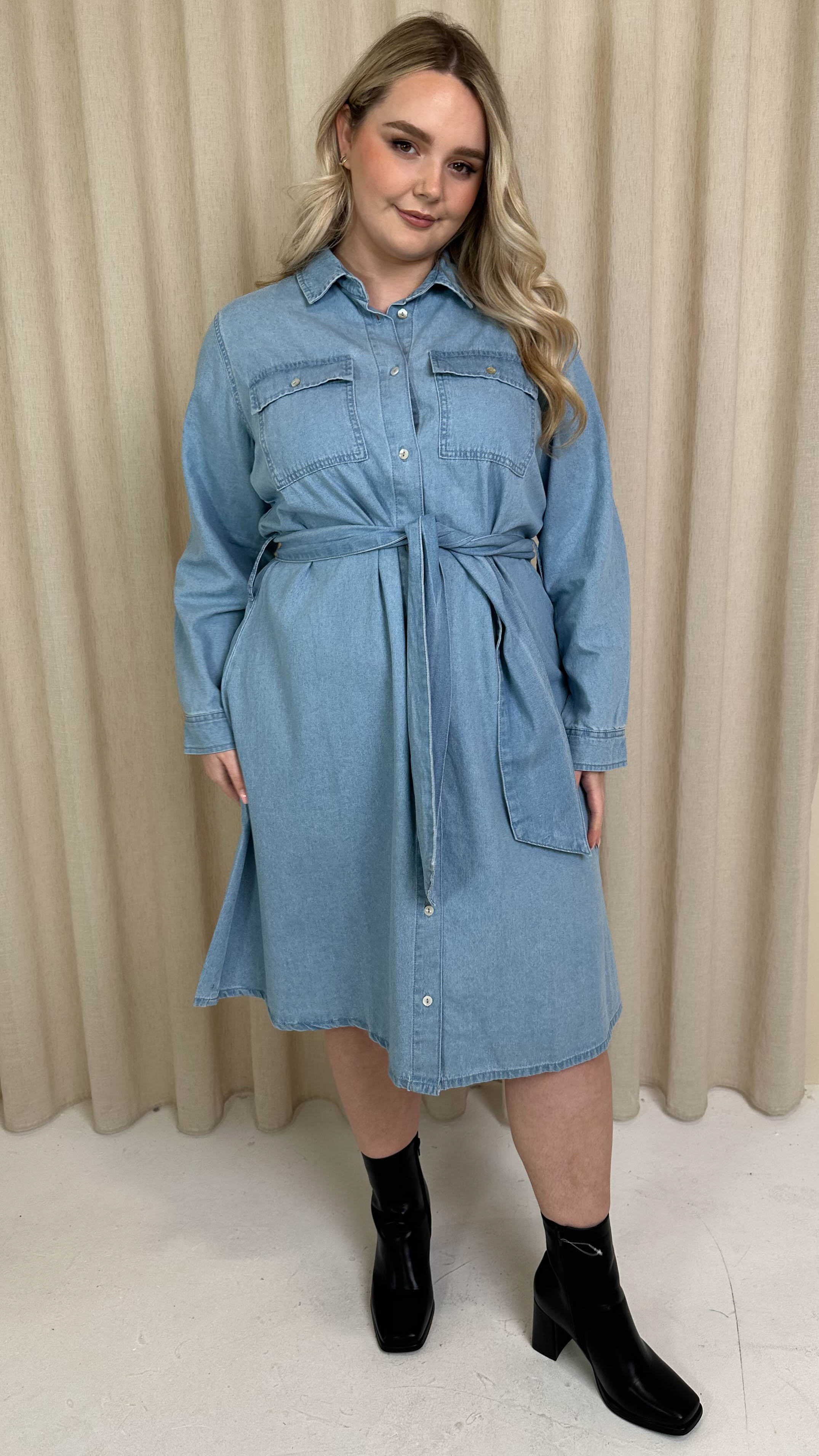 CurveWow Denim Belted Oversized Shirt Dress Mid Blue Wash