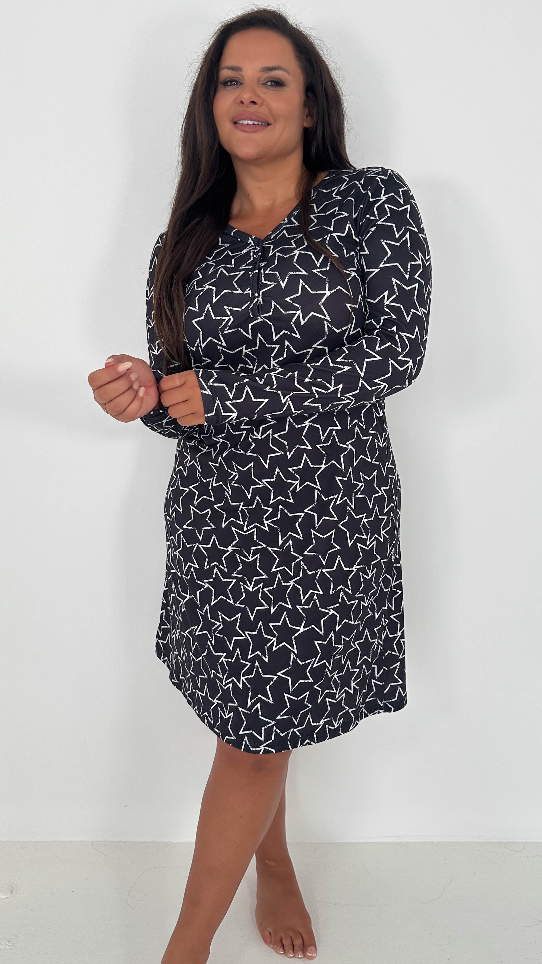 CurveWow Button Front Nightdress Star Print
