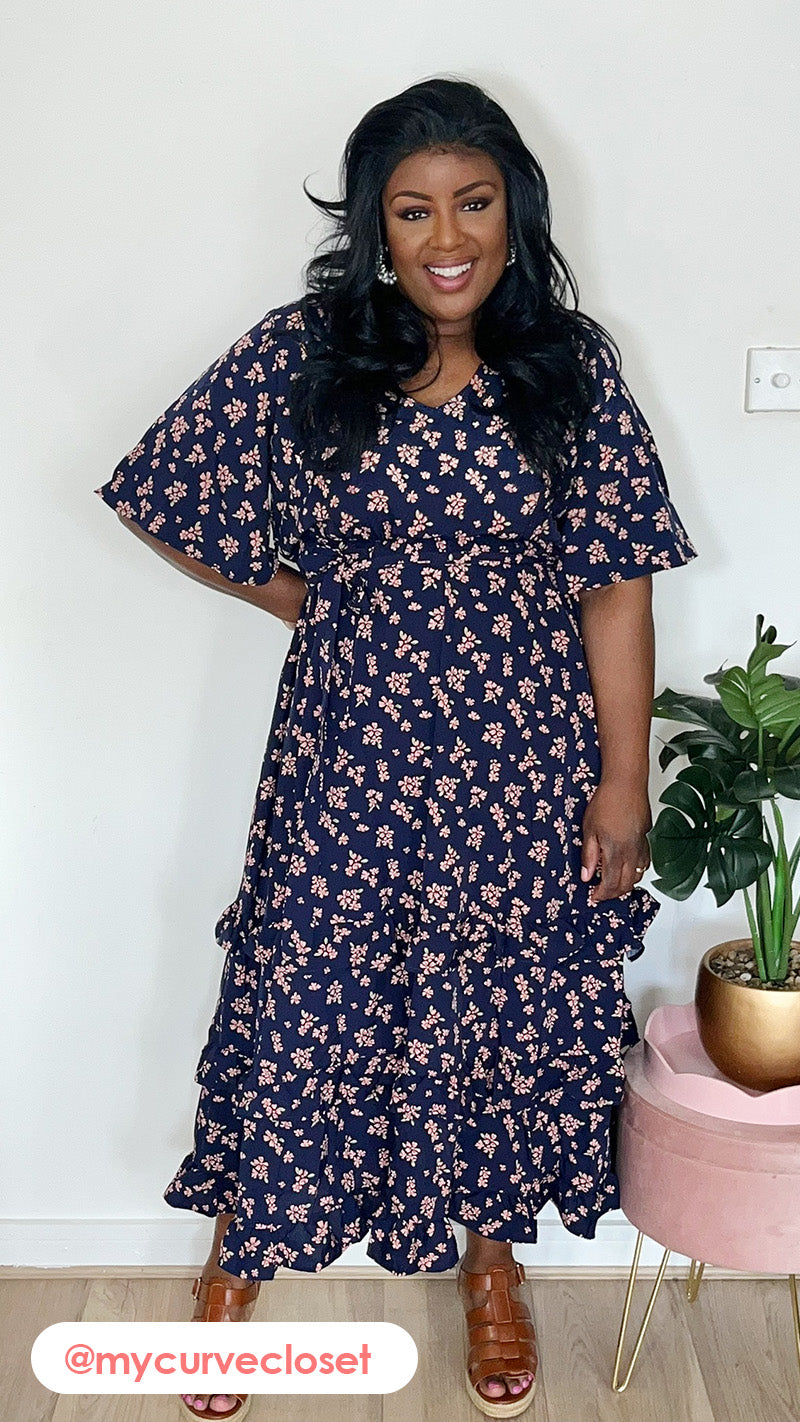 CurveWow V-Neck Ruffle Hem Floral Maxi Dress Navy Ditsy