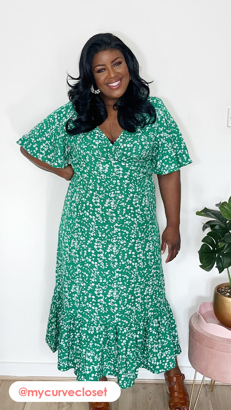 CurveWow Wrap Smock Midi Dress Green Ditsy Floral