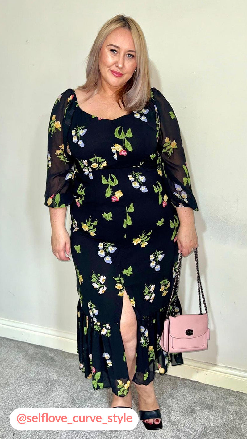 CurveWow Floral Milkmaid Dress Black Multi Curvewow CurveWow Floral Milkmaid Dress Black Multi Curvewow