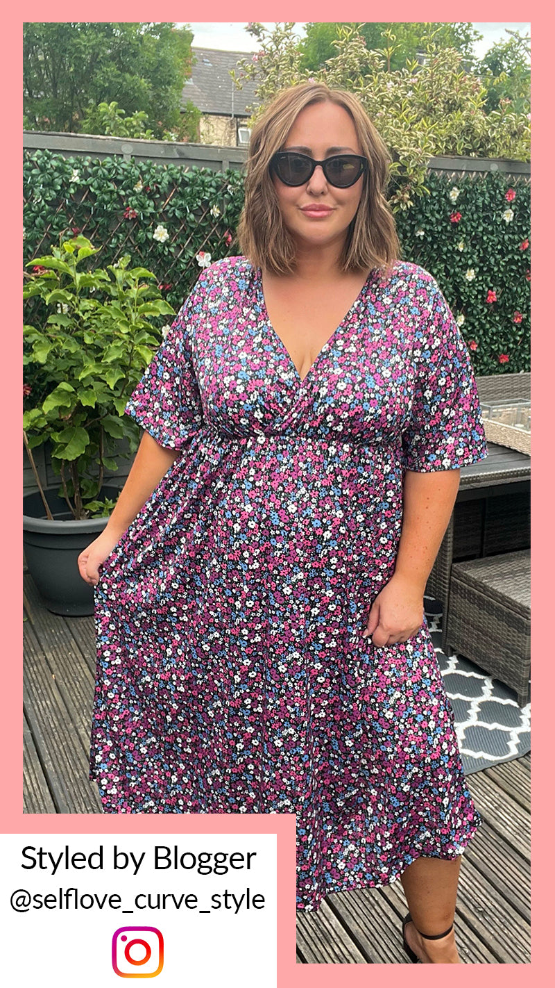 CurveWow Wrap Midi Dress Black Multi Floral