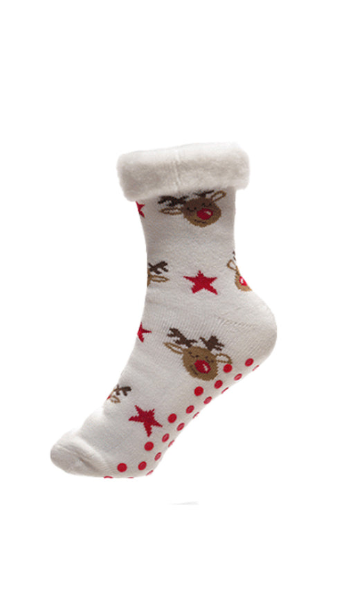 Christmas Design Bed Brushed Socks With Gripper White