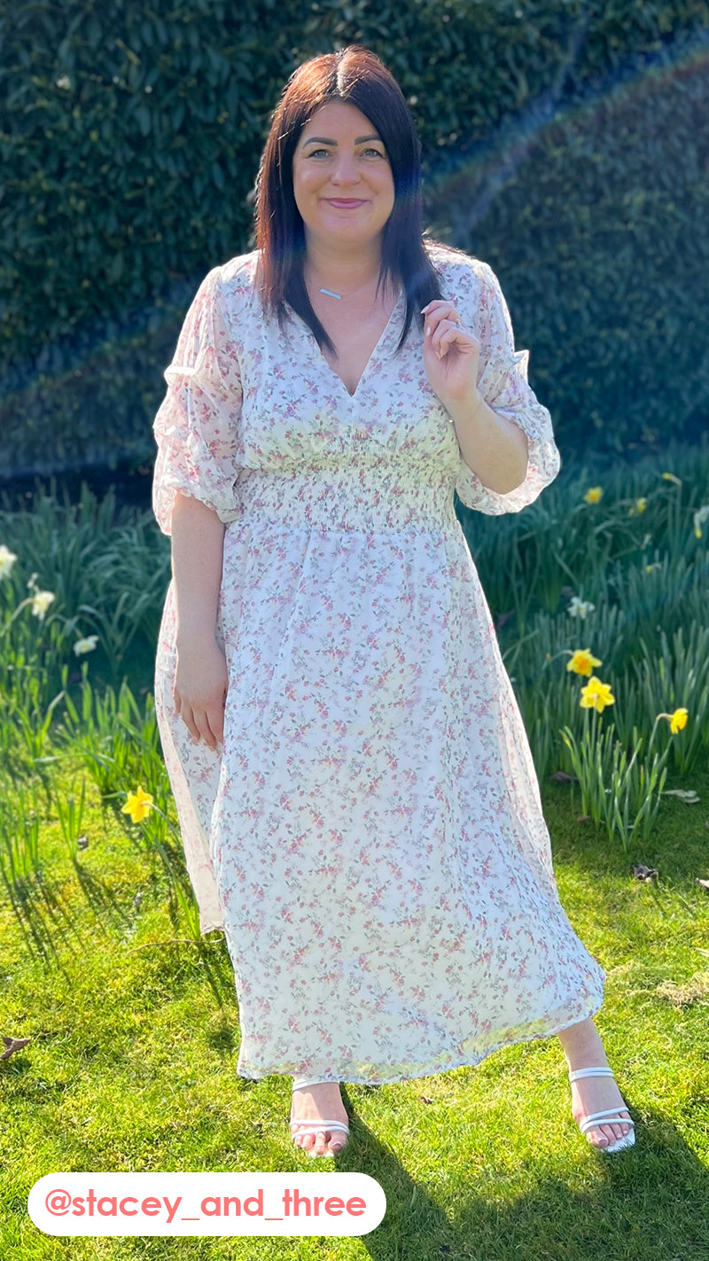 CurveWow Ruched Sleeve Floral Tea Dress White