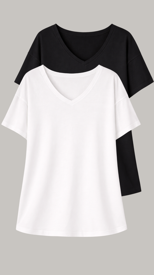 CurveWow Oversized V Neck Basic T-Shirt Black & White