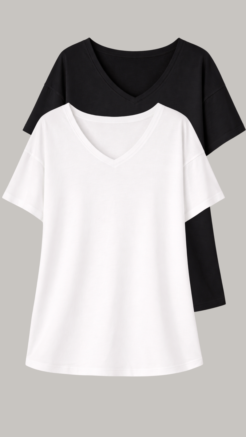 CurveWow Oversized V Neck Basic T-Shirt Black & White