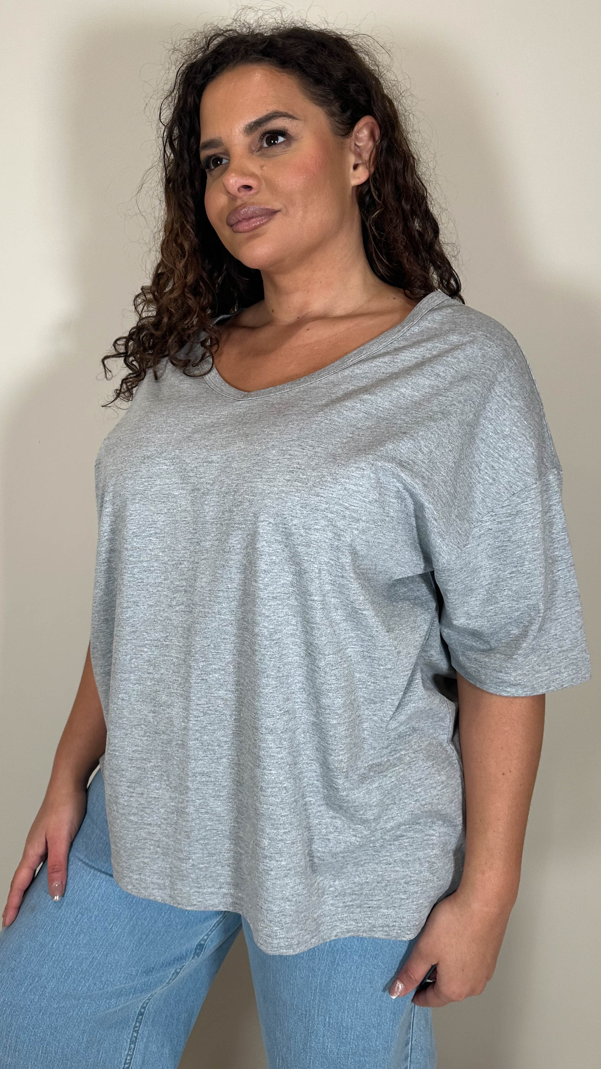 CurveWow Oversized V Neck Basic T-Shirt Grey