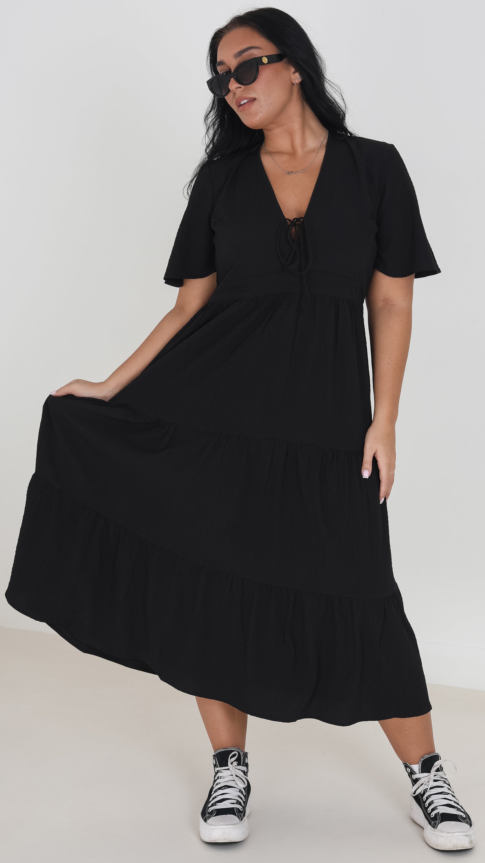 VNeck Open Back Midi Dress Black