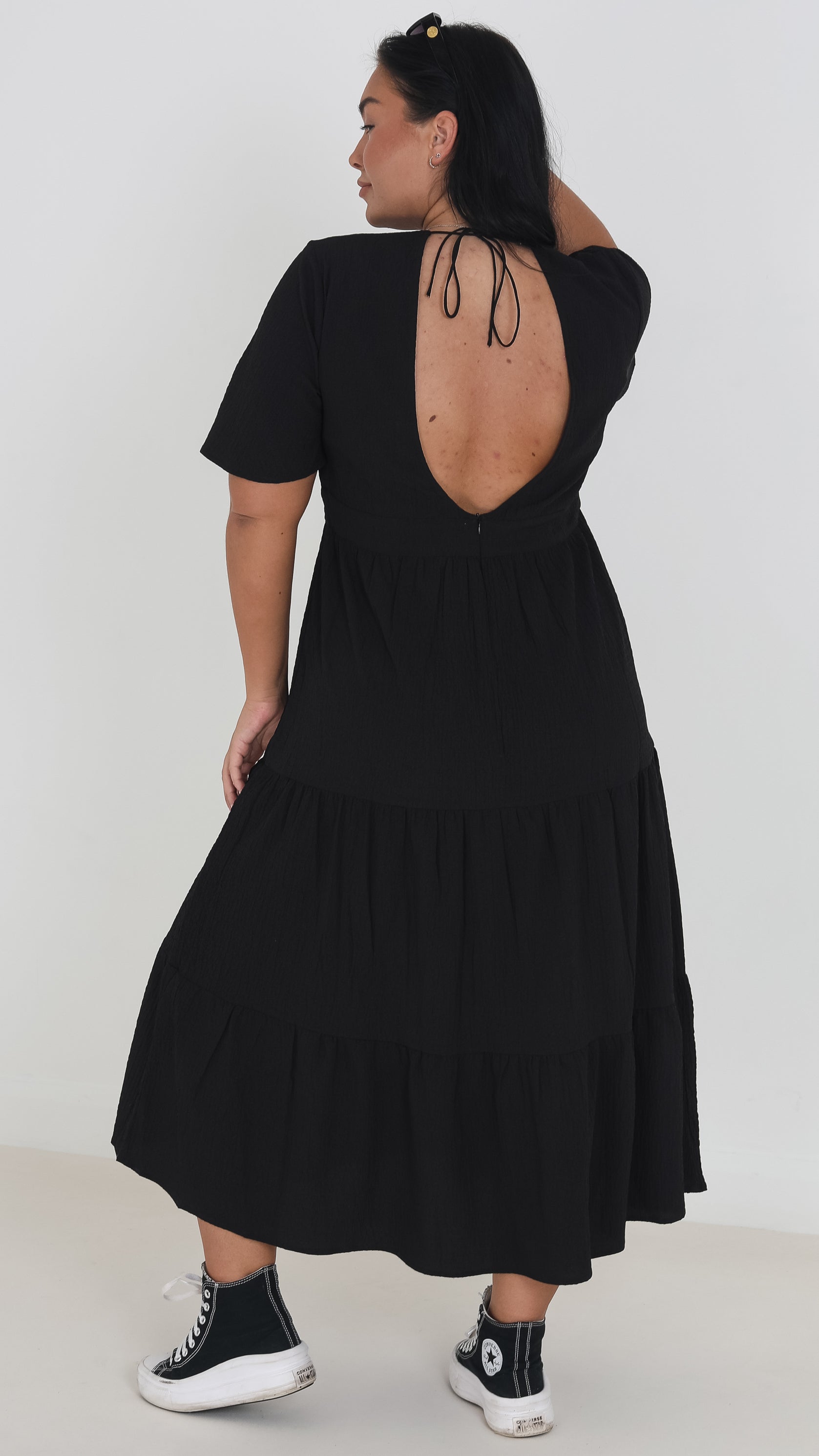 VNeck Open Back Midi Dress Black