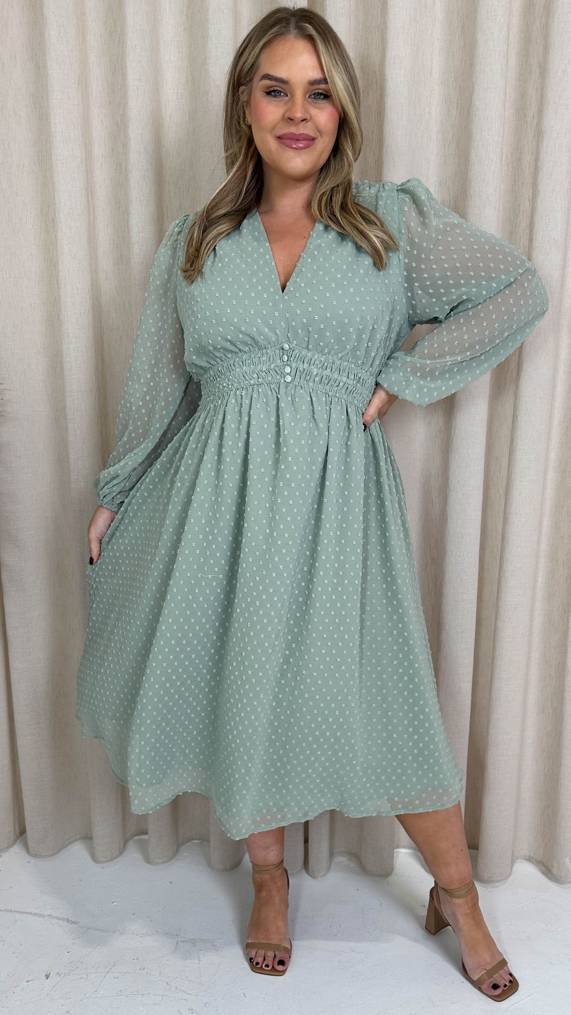 CurveWow Dobby Shirred Bodice Midi Dress Sage Green