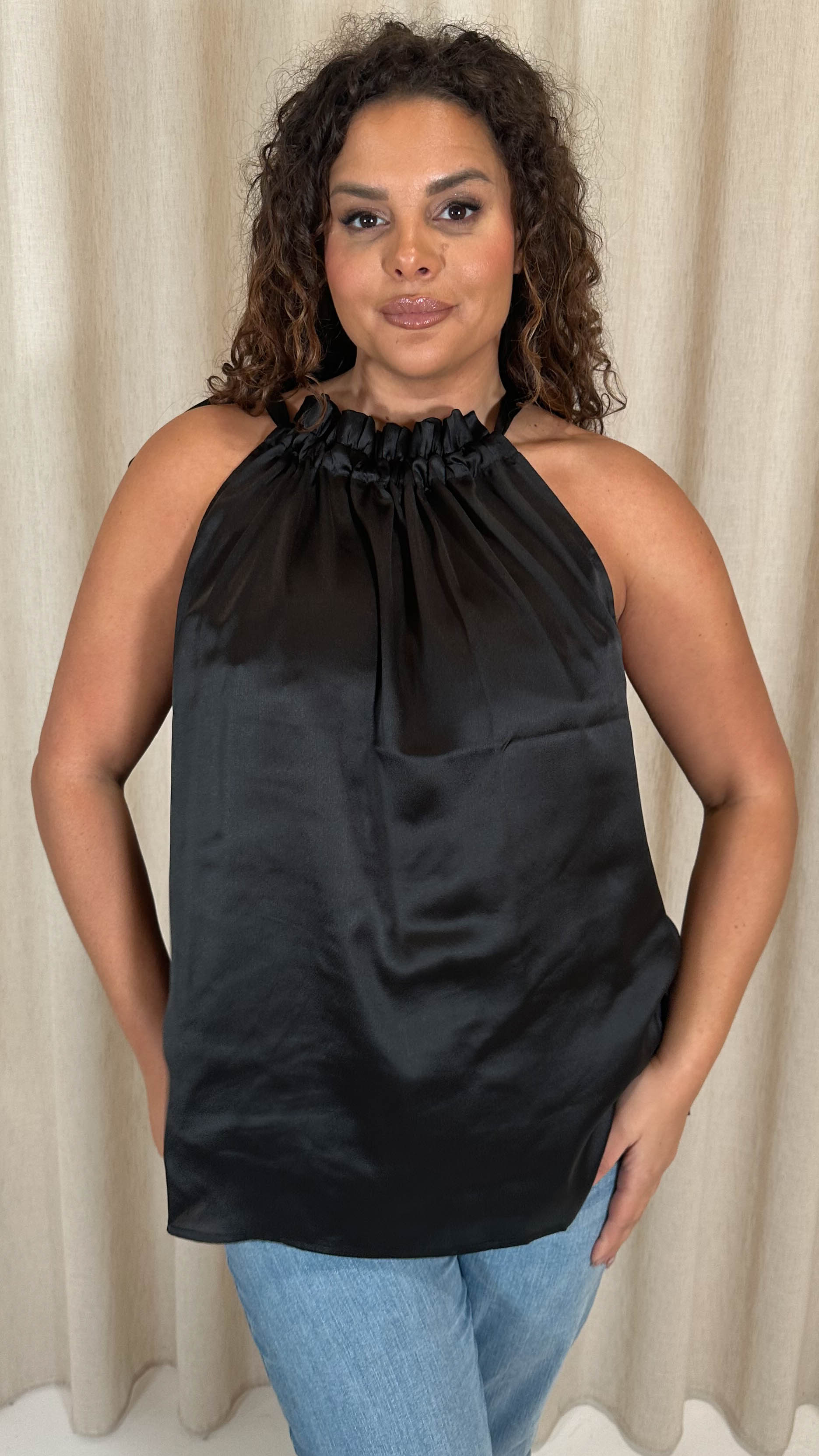 CurveWow Ruffle High Neck Tie Top Black